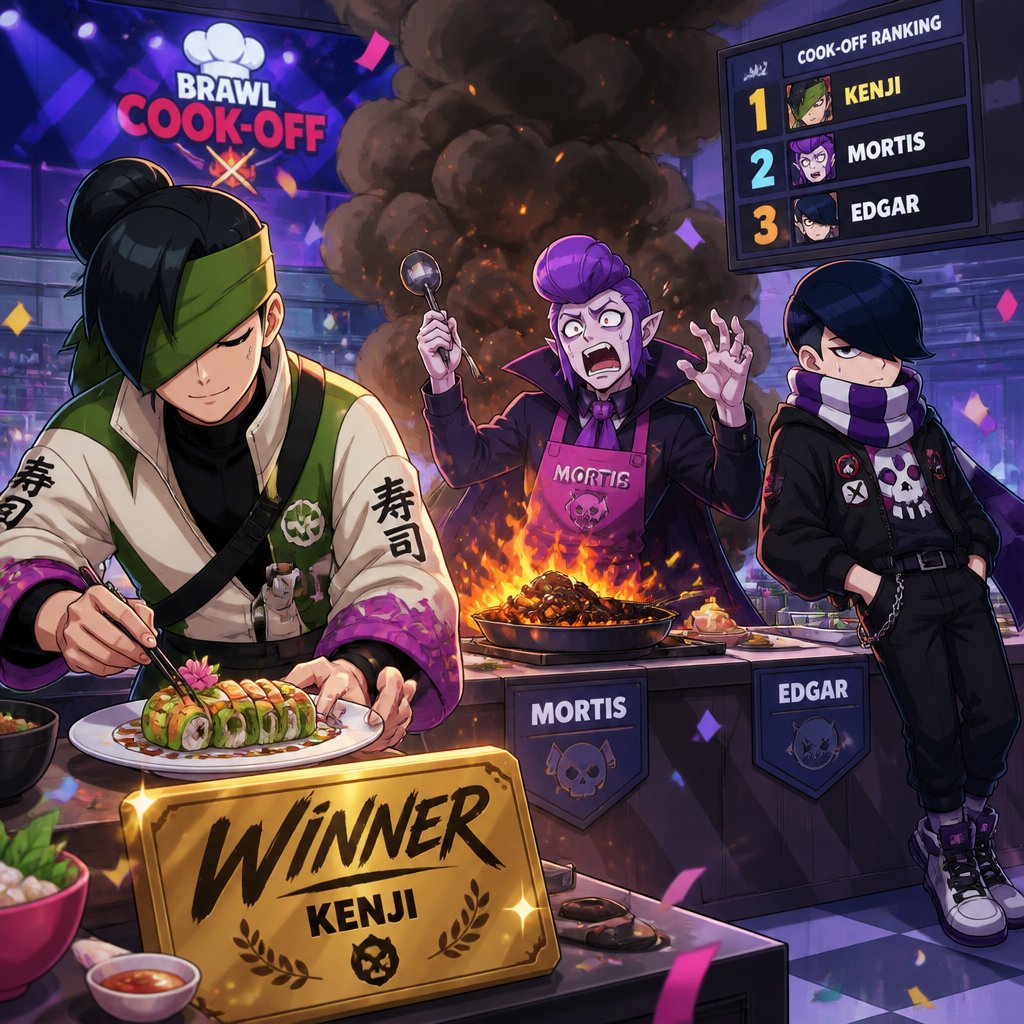 Kenji, Mortis and Edgar from brawl stars wearing modern clothes, in a cooking competition, Mortis’s food is burning, kenji is winning, Edgar is chill