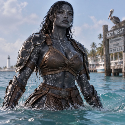 A semi big gorgeous lady warrior named Leatherback, skin the color of a leatherback turtle, all leather outfit, with turtle shell armor on her upper body. Shell armor on the back of her arms, turtle armor like a samurai, coming out the water in Key West.