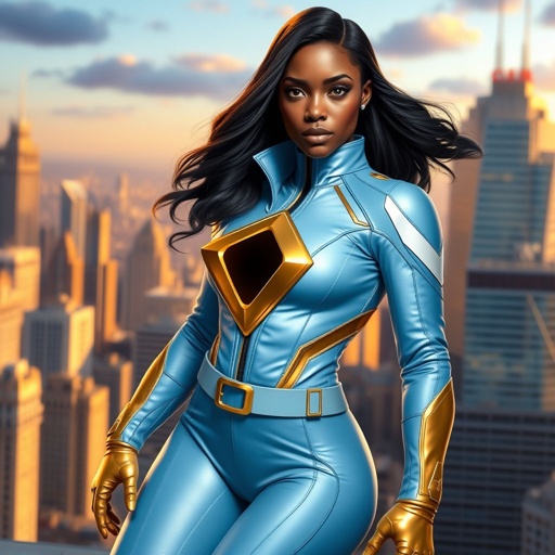 African American female superhero with hair in a shoulder length side part hairstyle with pure Glowing eyes wearing a leather light blue white and gold suit with light blue pants and gold boots and a gold diamond within a black hole as her chest emblem in Philadelphia