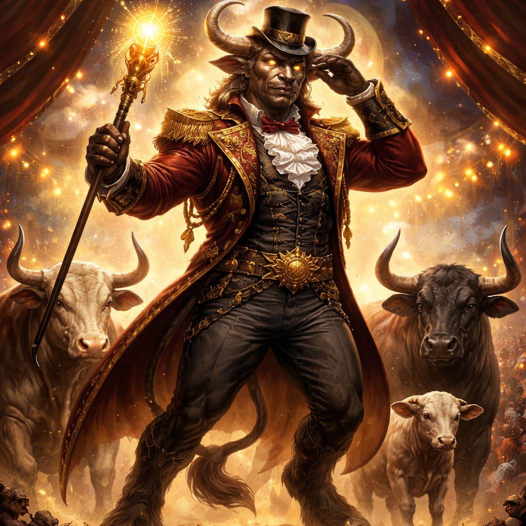 A Greek Minotaur with a well~proportioned figure that works at freak show as ringmaster. That has gifts/abilities like Reality Rejection, Time Manipulation (Chronokineses), Zoolingualism (Language of Cattle only), Human Speech.