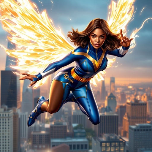 A teenage African American female superhero with brown hair with gold highlights in a shoulder length side part hairstyle with pure Gold Glowing eyes wearing a white suit with gold and royal blue with white pants and gold and white knee length boots with a utility belt with a gold V as her chest emblem with glowing wings made of white fire in Philadelphia