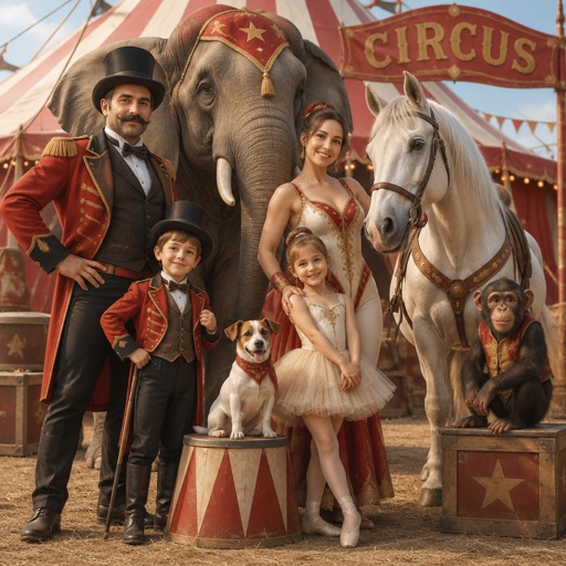 Zirkus Artisten  mit ihren Kindern und ihren Tieren 