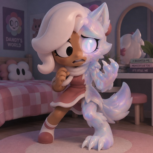 Ginger from Dandys world in her room halfway through her transformation into a Opalite Werewolf 