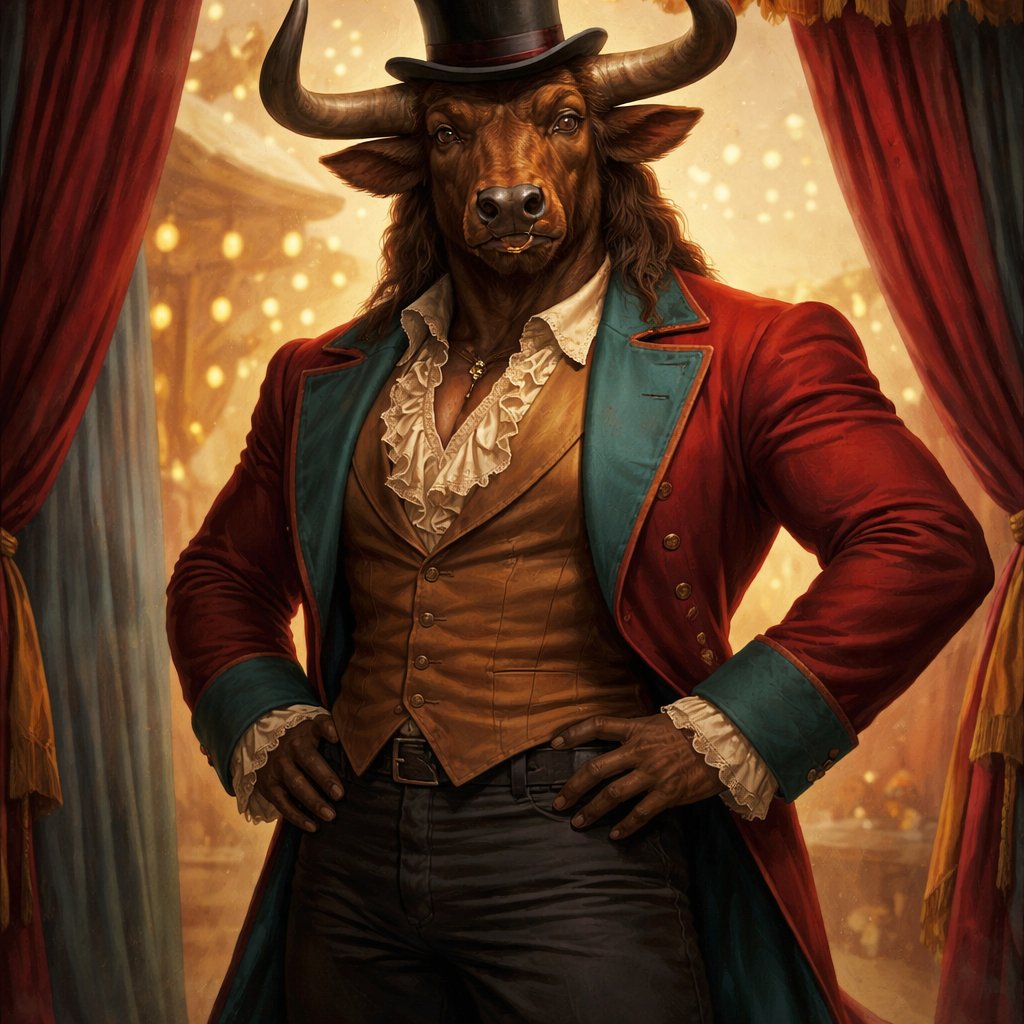 A 6 1/2 foot tall, well~proportioned Minoan male Minotaur with a humanoid-Cretan bull smooched face with deep set bovine brown eyes, long forward-curving horns like his fathers and a bovine tail. His skin and fur being a captivating earthy umber color. He works at freak show as the ringmaster. His outfit consists of a crimson and teal tailcoat, frilly shirt, stunning muted copper blazer, black pants and top hat. His abilities are Reality Rejection, Time Manipulation (Chronokineses), Zoolingualism (Language of Cattle only), Human Speech. His mother is a Minoan with some animal (Aurochs Cattle) physiology and his father is the Cretan Bull.
