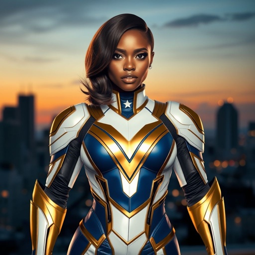 African American female superhero with shoulder length hair in a side part style and  wearing a slightly armored homemade  white blue and gold suit with white pants with a stylized V as her chest emblem wearing gold flat boots made of gold standing in Philadelphia at dusk