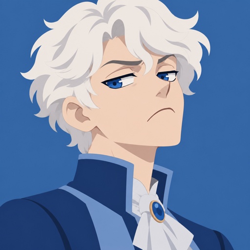 Male, fluffy white hair, big blue eyes, long frown, snobby, wears blue,