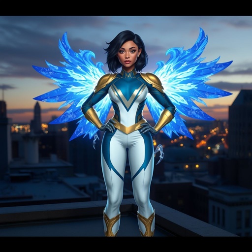 A young African American female superhero with shoulder length hair in a side part style wearing a blue and white suit made of spandex like material that’s slightly armored with gold accents with white pants and gold boots with a stylized V as her chest emblem with wings made of blue fire standing on a roof in a Philadelphia at dawn