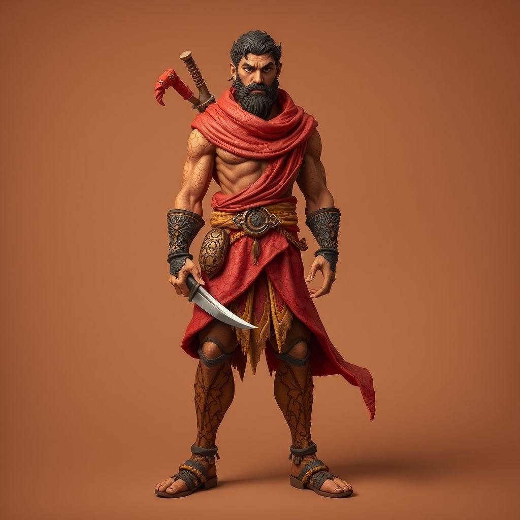 Create handsome hero Rhen the Fire – A lean, muscular man. He wears layered, flowing desert robes dyed in warm reds and golds, with scorch marks where flames have licked them. A curved blade hangs at his hip. Show whole body head to toe including her shoes.
