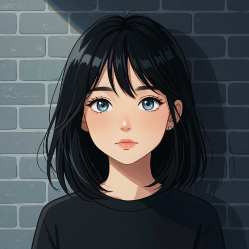 A girl with black hair, no bangs blue grey eyes alt