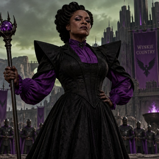 Evillene is a beautiful,African American version of the wicked witch of the west. Her personality:tyrannical.She is cruel and demanding.She despises bad news. She wears the black dress with a purple shirt and her shoulders are massive and sharp and she doesn’t wear a witch hat and she rules over the Winkie  country 