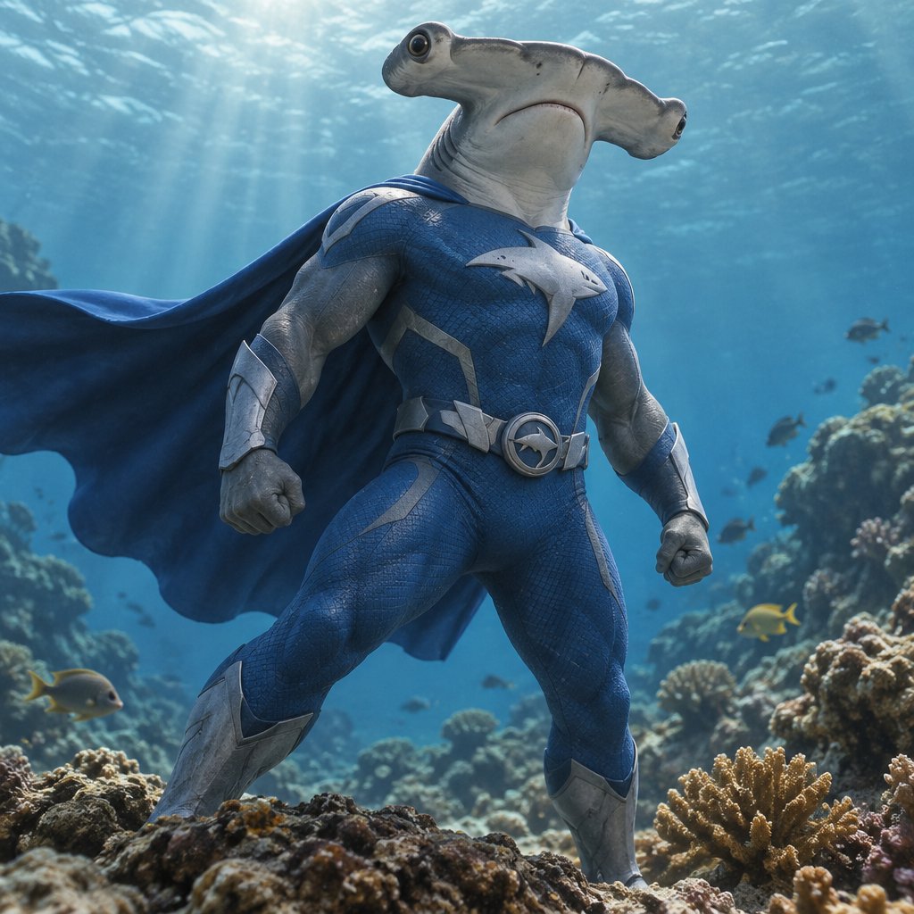 His name is hammerhead, a hammerhead shark turned into a superhero to protect the marine endangered species