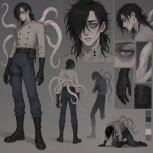 Male, black messy greasy hair, thin shoulder length hair in the back, long hair in the front covering one eye, blue eyes, eye bags, veins under eyes, pale tendrils coming out of back with veins, blue pants, boots, black rubber gloves, short scientist jacket buttoned up, belt with pouch, slowly dying