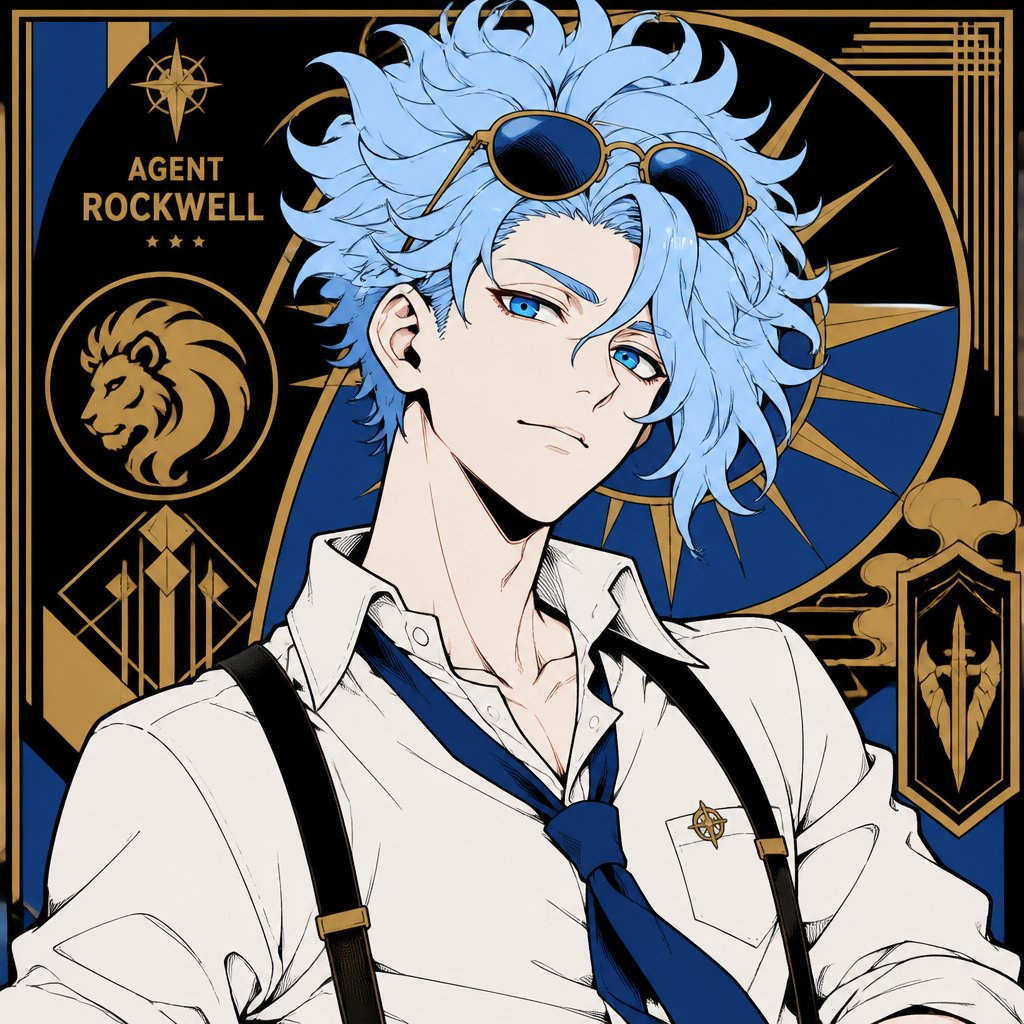 Comic Anime Agent Rockwell very poof up messy hair half side longer and drooped down hair is a light blue skin color white,very bright blue eyes,wears a suit tie is loose,he doesn't wear his jacket his collar to his shirt is uneven sunglasses on his head He's know for his mischievous and reckless behavior but takes missions very seriously is one of the best agents they have Ren is Rockwell's partner is very serious and organized opposite of Rockwell, get very annoyed at Rockwell's behavior they tend to argue with each other but Rockwell is more of having fun