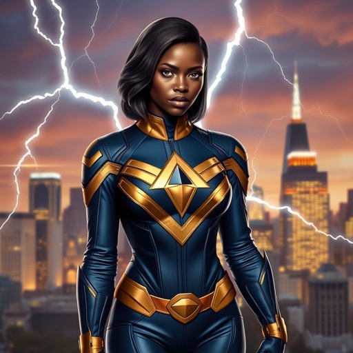 African American female superhero with hair in a shoulder length side part hairstyle with pure silver Glowing eyes wearing a leather slightly armored navy blue and gold suit with navy blue pants and gold boots with a diamond with the top half gold and the bottom half black her chest emblem with tendrils made of lightning coming out of her back in Philadelphia