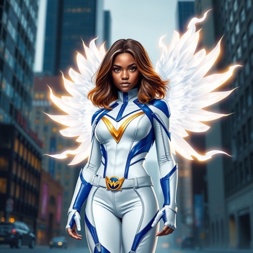 A teenage African American female superhero with brown hair with gold highlights in a shoulder length side part hairstyle with pure Gold Glowing eyes wearing a white suit with gold and royal blue with white pants and gold and white knee length boots with a utility belt with a gold V as her chest emblem with glowing wings made of white fire in Philadelphia