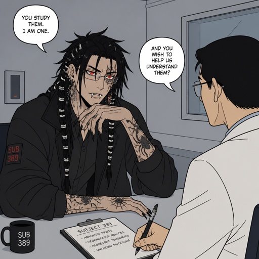Anime white and Asian male,name is Lloyd,hair messy long braided black hair with white stripes,clean shaven,highly skilled,in late 20s,migraines,sarcastic,red glowing eyes,one eye is severely damaged,serious face,been unwillingly experiment on for many years until finally found and rescued ,has power of a spider and control spiders make traps poison and crawl on walls and ceiling dangerous,glasses,wears a loose jacket a nice fully covered shirt ,loves spiders, nice big earrings,a tattoos on left that means arachnid and on right arm a tattoo that says sub 389,doesn't remember anything from his past except the experiments, long scary fingers, spider fangs, traumatized,special agency is keeping an eye on him. Lloyd and a scientist having a conversation, scientist “do you know where you originally lived or any relatives” Lloyd “no… but why does that matter know? Who cares I don’t,there’s no point, I wouldn’t be recognized by them anyway”scientist”you don’t care to find out who you are?” Lloyd “no…I don’t” scientist “what else do you remember?” Lloyd staring of in the distance with a small look of fear in his eyes says “only the experiments”as a comic
