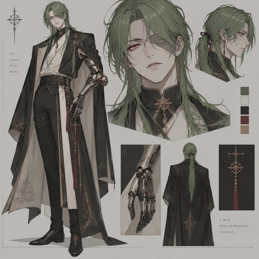Male,green long hair,one pink eye the other eye is blind,pale skin,fancy, robotic arm