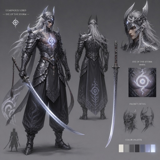 warrior, long curved sword, crested helmet, dark silver armor, luminous lord, baggy pants, eye of the storm mark, silver hair