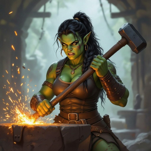 A female half orc blacksmith