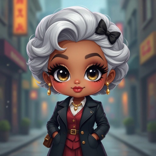 Create a chibi character older lady who is a city girl, make her kinda dark skin
