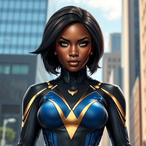 African American female superhero with hair in a shoulder length side part hairstyle with pure Gold Glowing eyes wearing a black blue and gold accented suit with blue pants and gold knee length boots with a V with the top half gold and the bottom half black as her chest emblem in Philadelphia