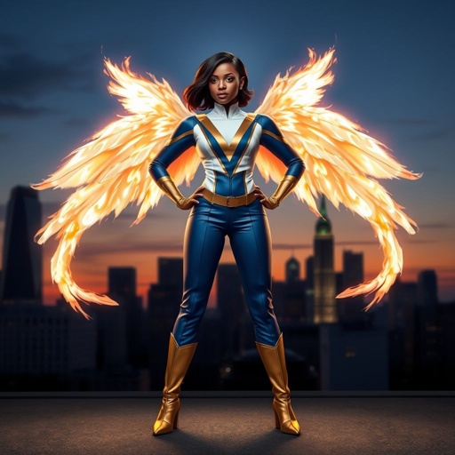 African American female superhero with shoulder length hair in a side part style and wings made of white fire wearing a slightly homemade white blue and gold suit with blue pants with a stylized V as her chest emblem wearing gold flat boots made of gold standing in Philadelphia at dusk