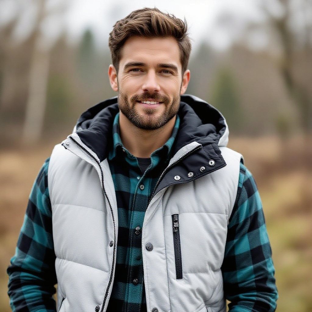 Man in black and light Grey puffer Vest . A Teal Flannel underneath