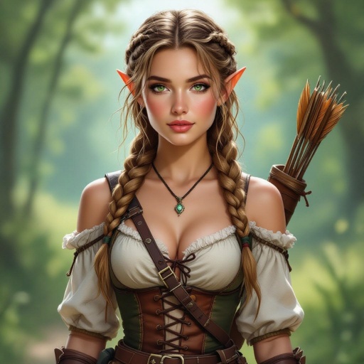 Young adult half elf woman. Dark blonde hair that's braided into one thick braid that comes over her shoulder. Delicate beauty, bright hazel green eyes, blushed cheeks, and plump supple lips. She's wearing cloth and leather in various earth tones, with a corset that emphasis her exposed chest cleavage. She has a scimitar in a scabbard on her belt; as well as a shoulder holster for a spell book. She has a longbow in her hand and a quiver on her back.