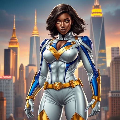 African American female superhero with hair in a shoulder length side part hairstyle with pure Gold Glowing eyes wearing slightly armored white royal blue and gold accented suit with white pants and gold knee length boots with a utility belt with a gold V as her chest emblem in Philadelphia