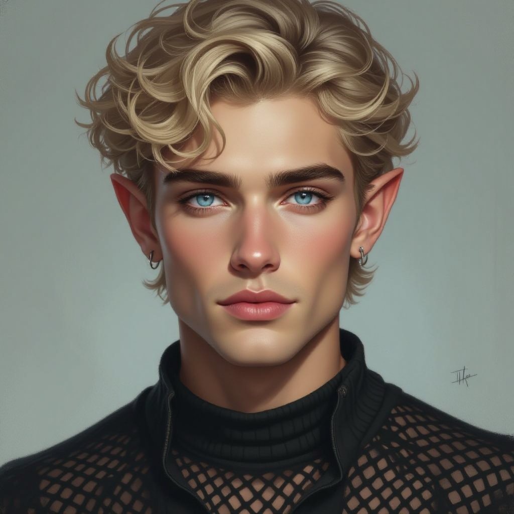 Mężczyzna. Człowiek. Delikatna uroda, włosy krótkie zasłaniające uszy, włosy sięgają do podbródka, lekko kręcone, blond. Oczy jasnoniebieskie. Delikatnie zadarty nos. Wąskie usta. Bez biżuterii. Wąska, uwydatniona szczęka. Ubrany alternatywnie.  Normalne uszy. Bez kolczyków. Ubrany na czarno w siatkowaną bluzkę. 