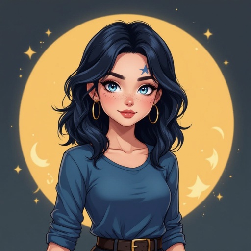 She has waist length dark blue fading into black hair. She has star freckles and eyebrow scar on her right eyebrow side closest to her nose she has a crescent moon birth mark behind her left ear close to the ear lobe. Her eyes are a smoky grey she is 4’8. She has a blue long sleeve shirt with black pants