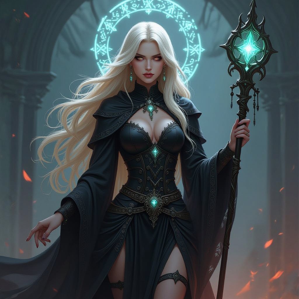 Fallen  female Aasimar necromancer with long blonde hair 