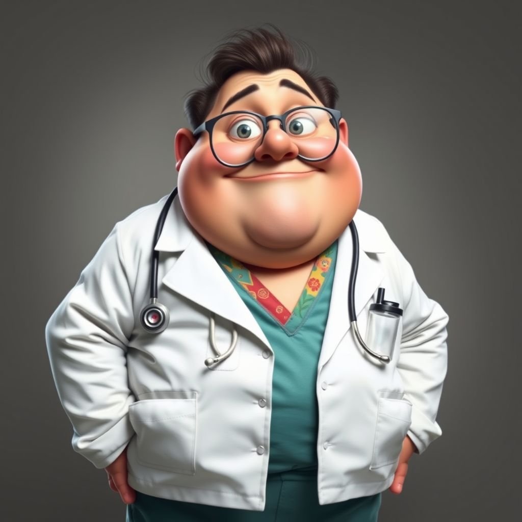 .. create a fat doctor. Who is funny human looking from head to toe. And he always immediately results to surgery for anything even small things. So please be sure to show his whole outfit head to toe. Make him have 1 tooth. Make it more adult humor instead of cartoon humor.