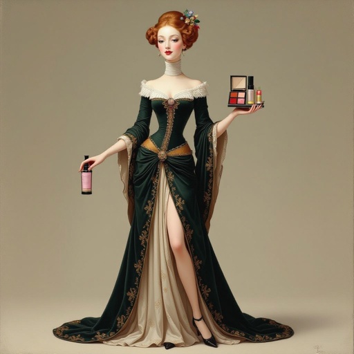 Create a character showing there whole body head to toe, a lady who loves beauty products  
