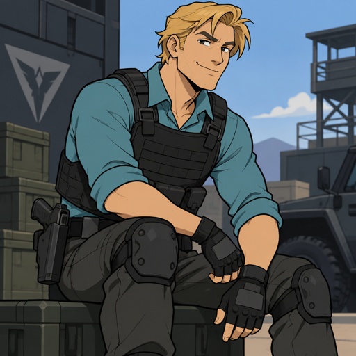 Male, messy blonde hair brushed to the side, very little stubble, smirk, cyan shirt, bulletproof vest, fingerless gloves, knee pads, belt with gun
