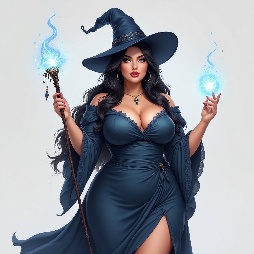 A full body portrait of a curvey plus size witch with long hair and a very dark grey-blue witch hat that matches with her dress with a wand in her hand