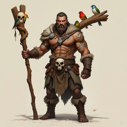 Kael the Beastbound – A rugged, broad-shouldered man with brown skin and a rough beard, wearing armor made from bone and leather. deep green eyes tattoos of animal tracks spiral down his arms. He carries a massive wooden staff carved with the shapes of beasts, and small creatures often perch on his shoulders or follow at his feet.