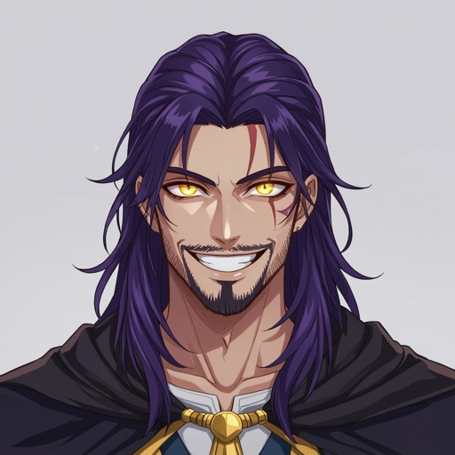 A long dark purple haired 20 year old with a big evil smile who has a stubble beard with yellow glowing eyes and Egyptian art on his face big strong guy with a dark cloak over himself 