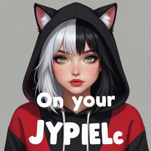 Młoda kobieta. Włosy do ramion, z grzywką, prawa połowa włosów biała, lewa połowa włosów czarna. Okrągła twarz. Szaro-zielone oczy. wąskie usta. Ubrana w czarno czerwoną bluzę z kaptórem z kocimi uszkami. 