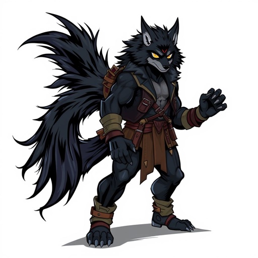A black furred wolf human hybrid whit a long fluffy tail