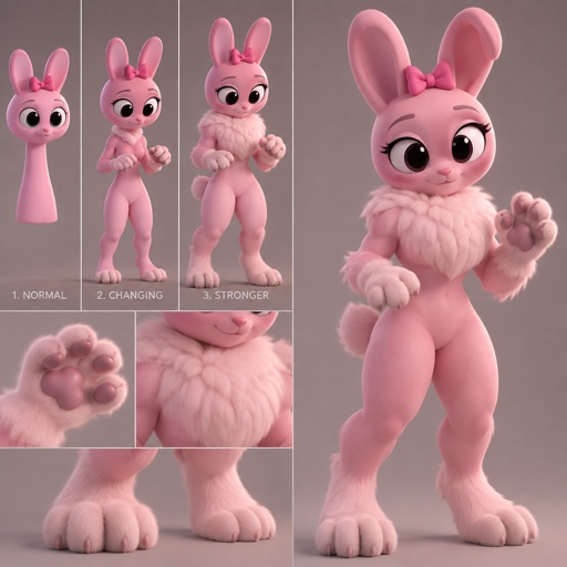 Pinki from Sprunki as her kind Wererabbit self noticing that her feet are turning into Wererabbit paws with her hands following suit and her legs are getting stronger like her body and the fluff on her neck is getting more fluffier 