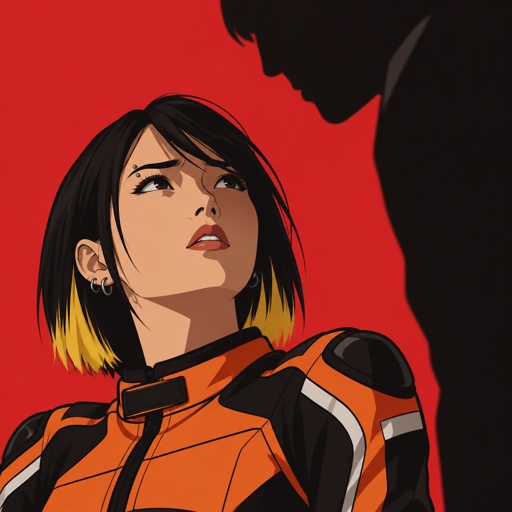 Asian female, with straight black neck length hair, yellow tips, side bangs on one side, eyebrow piercing, under eye mascara, ear piercing, motorcycle clothes orange, looking up worried, persons shadow over her, red background 