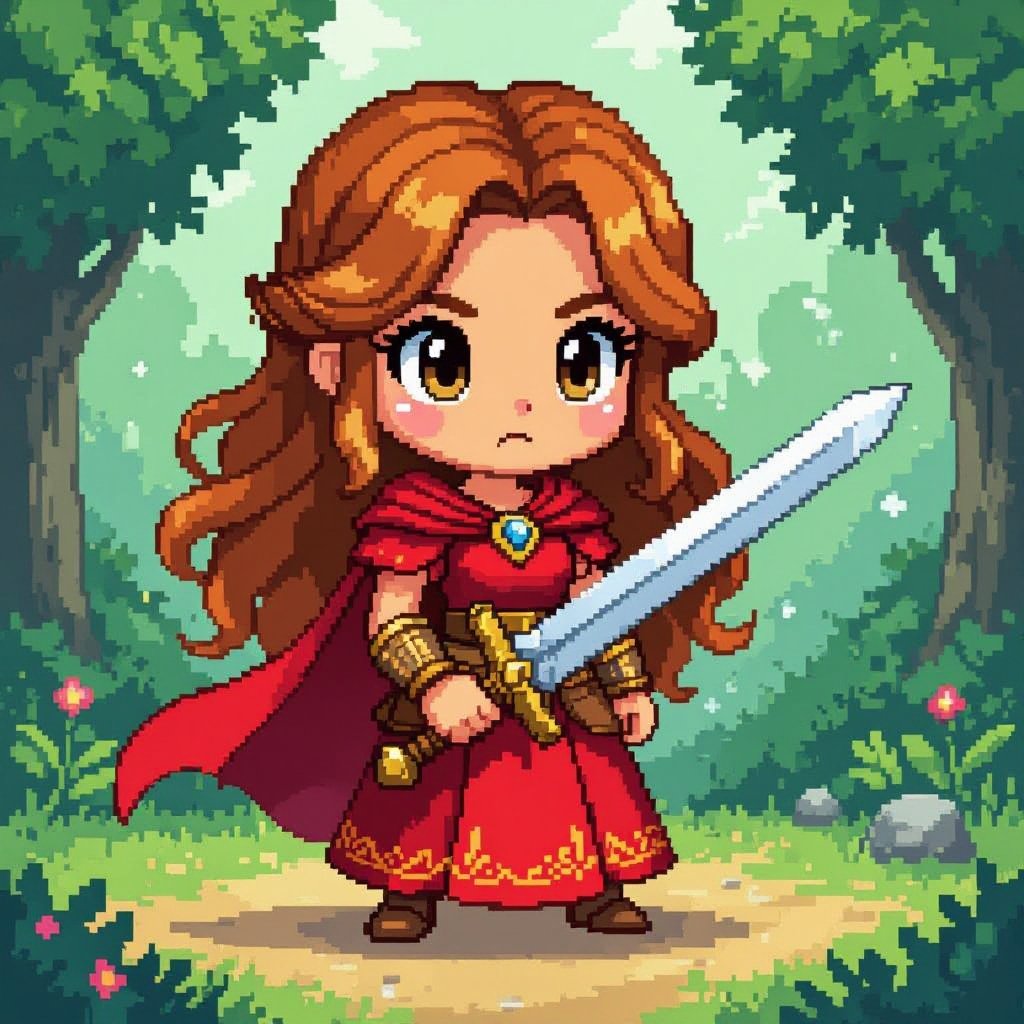 Light brown skinned Worrier princess with bright brown eyes wearing red with a sword