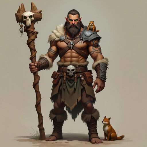 Kael the Beastbound – A rugged, broad-shouldered man with brown skin and a rough beard, wearing armor made from bone and leather. deep green eyes tattoos of animal tracks spiral down his arms. He carries a massive wooden staff carved with the shapes of beasts, and small creatures often perch on his shoulders or follow at his feet.