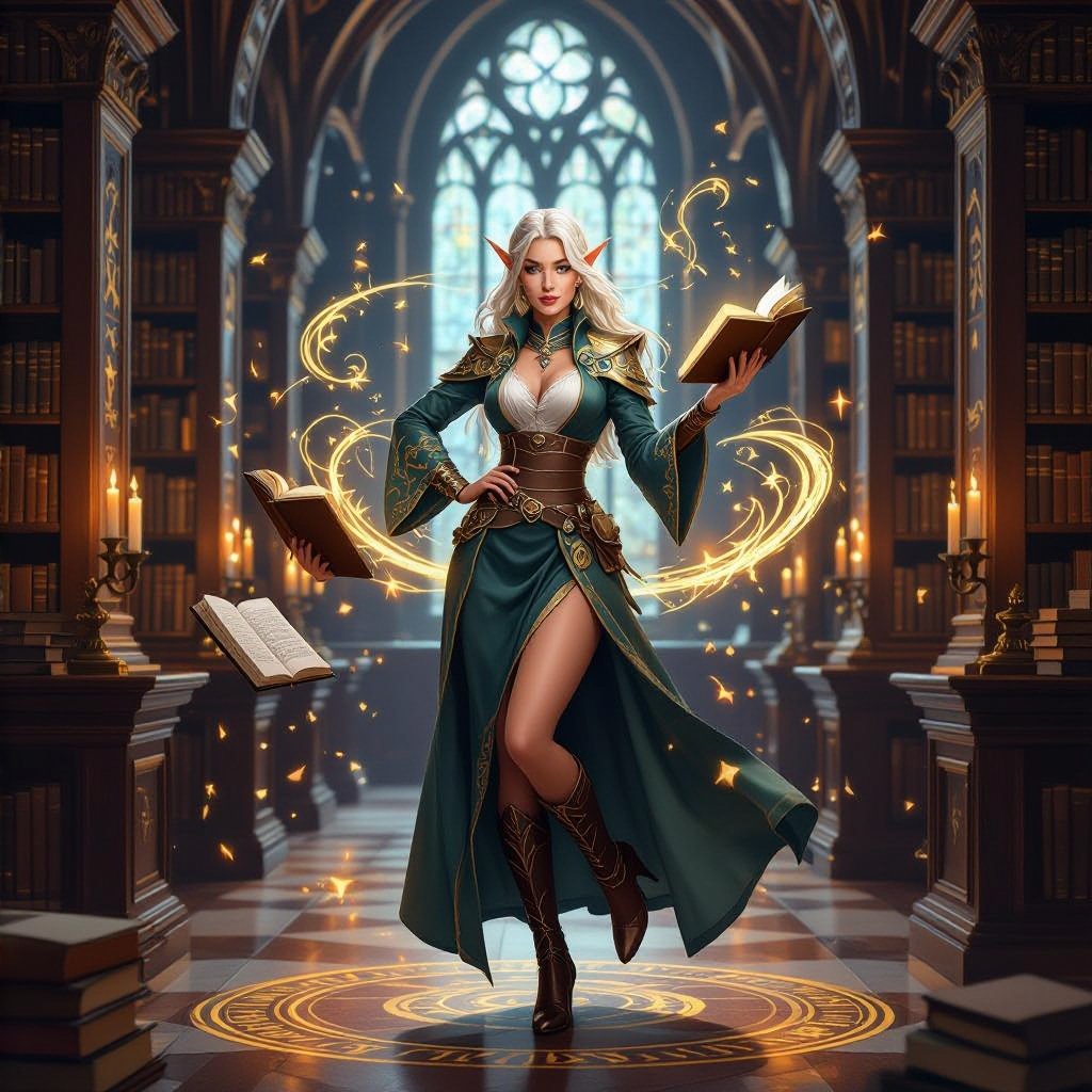 A semi-realistic, fantasy-parody portrait of Mythanna Junedae, the High Elf Wizard of Abjuration known as The Enigmatic Librarian. Scene & Lighting Set within the Eight Mages Academy library — tall rune-lit shelves and drifting motes of golden dust. Warm candlelight mixes with cool magical glow from abjuration sigils swirling faintly around her. The tone balances academic gravitas with theatrical flair — tongue-in-cheek fantasy parody realism. Appearance Mythanna stands in a confident, slightly playful pose, one hip cocked, surrounded by hovering spellbooks and glowing ward-circles. Her expression is both coy and calculating — the smile of someone who knows far more than she lets on. She has brunette wavy hair, luminous elven features, and expressive brown eyes that catch the light of the runes. Her ears are prominent and elegantly pointed. Her skin tone is soft fair ivory with a faint warm flush. Iconic Outfit (Hard-Locked) • White blouse with puffed sleeves and a black ribbon bow at the collar. • Black rune-stitched corset worn over the blouse, fitted and elegant. • High-waisted black-and-white polka-dot skirt, ending mid-thigh. • Dark thigh-high stockings leaving a bare-thigh gap visible. • Shin-high rune-stitched boots, practical yet fashionable. • A small pearl pendant rests at her throat — her arcane focus. • Hat of Wizardry, decorated with tiny polka-dot runes and a faint magical shimmer, sits jauntily atop her hair. Magic & Effects • Glowing golden abjuration sigils orbit around her hands and wrists. • Several floating tomes hover nearby, their pages turning of their own accord. • A soft halo of protective wards (circles and geometric lines of light) surrounds her body, subtly transparent. • Her Pearl of Power glows at her throat, pulsing in sync with the wards. • She holds her Wand of Magic Missiles, carved and polished, faintly glowing at the tip. Composition Full-body portrait framed from head to shins, 2:3 aspect. Candle-warm foreground light with cool sigil back-glow. Parody-fantasy realism style — equal parts glamorous and arcane.