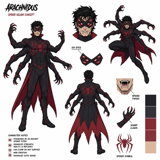 Male Villian with spider powers,eye mask, cool costume, six arms, six eyes, spider fangs,multiple of the same character 