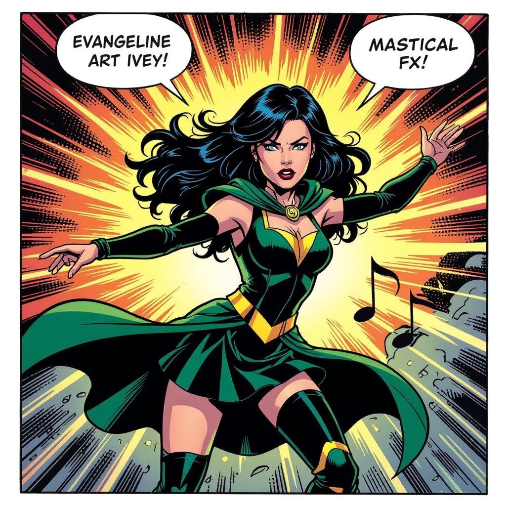 A semi-realistic fantasy portrait of Evangeline Ivey, the Fierna Tiefling Bard of the College of Glamour, performing upon a softly lit stage. The setting is elegant and theatrical — an ivory-curtained stage with warm candlelight spilling from antique candelabras, soft wood flooring, and drifting violet-and-gold ribbons of arcane music winding through the air.  Appearance Her skin is smooth porcelain-pale (#F3EDEB), evenly lit with soft candle glow. Her long silver-white hair (#D6D6DA) cascades down her back in shining waves. She has amber-gold eyes (#C88C21) that glint mischievously beneath long lashes. Across her brow rise dark brown ridged horns (#4A3A2C), symmetrical and cleanly curved back from her forehead. A slender devilish tail, pale to match her skin and ending in a red-and-black spade tip, curves gracefully behind her.  Outfit (Hard-Lock) She wears her cream and deep-red harlequin bodysuit with gold trim and embroidery — no purple tones anywhere. The fabric is finely tailored, elegant rather than gaudy. • Cream panels (#E9DFC7) catch the candlelight. • Deep red diamonds (#AA1E1E) shimmer with subtle velvet texture. • Gold embroidery (#C9A33A) forms curling arcane motifs along her neckline and cuffs.  Pose & Expression Full-body portrait to the shins, balanced in composition. Evangeline stands in an elegant dancing pose, one hip cocked, shoulders angled, her weight on one leg. Her hands hover mid-gesture — poised between spell and performance. Her lips curl in a knowing smirk, one brow lifted in playful confidence. Her gaze meets the viewer’s, amused and commanding, like a performer mid-spotlight.  Lighting & Tone Warm candlelight key illumination, gentle soft rim light outlining her silhouette. The magical ribbons cast subtle violet and gold reflections on her outfit and hair. The atmosphere is theatrical, romantic, and alive with bardic energy — a moment between music and magic.  Composition • Full-body (to shins) • 2:3 aspect ratio • Even, soft studio lighting — her porcelain skin remains consistent and luminous across face and body • Background: ivory curtains, wooden stage floor, soft candle glow, faint magical haze  Mood Charming, confident, and radiant — the bard as spell and spectacle made one.