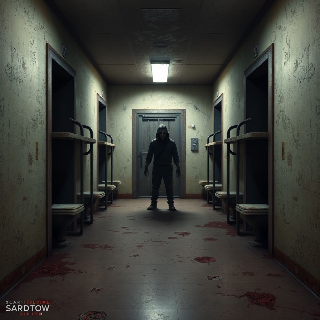 Create this background hall inside was dim, paint peeling in sheets. A metal door led to the cell block. Six cells, all empty. A cracked toilet in each. Rusty bunks, stale air, dust everywhere. No character just background