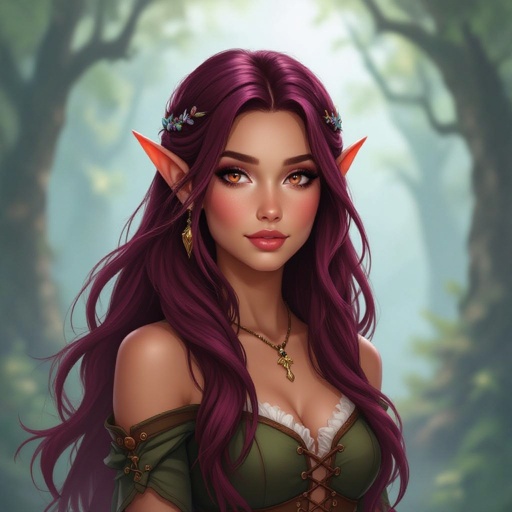 Female elf with tan skin and burgundy hair and Burgundy eyes 