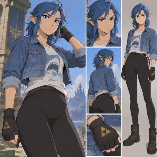 Link from legends of Zelda wearing modern clothes, Light rider from Fortnite, neck length blue hair, cropped jean jacket black leggings, tshirt with shark on it, gloves, squire from deceive inc wearing modern clothes